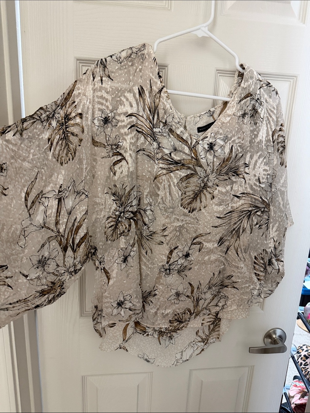 White House Black Market Cream Floral V-Neck Blouse